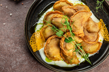 Ukrainian national dish varenyky, banner, menu, recipe place for text, top view