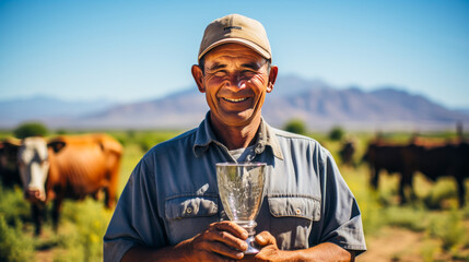 Argentinian beef farmer holds quality meat trophy amid grazing cattle. - obrazy, fototapety, plakaty
