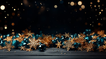 Black background with blue beads and gold snowflakes with bokeh.