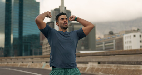 Fitness, winner and a sports man in the city for marathon running to improve cardio performance....
