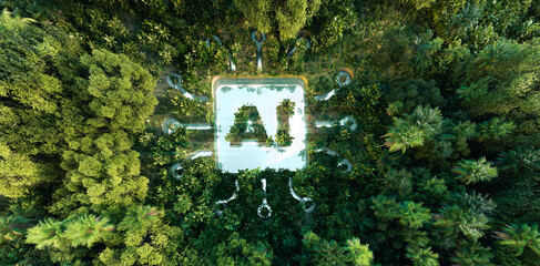 Abstract icon representing the environmental of Ai in the form of a pond with a Ai symbol in the middle of a beautiful untouched jungle. 3d rendering.