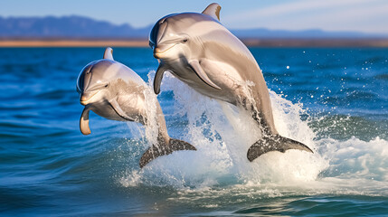 Dolphins jumping out of the water on a sunny day. 3d rendering. 
