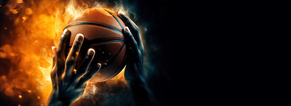 black man hand holding a burning basketball, basketball game concept, panoramic layout. Generative Ai