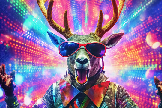 party invitations with hipster deer portrait, Merry Christmas card. Generative Ai