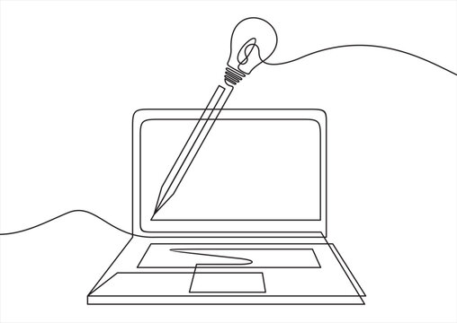 Single one line drawing laptop with light bulb. Business project startup, financial planning, idea development process, strategy, management. Continuous line draw design vector illustration