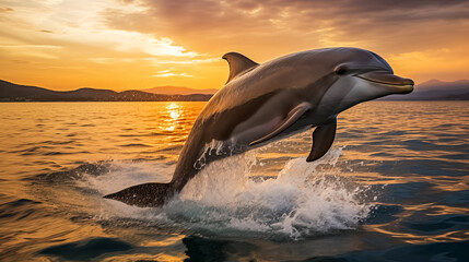 Fototapeta premium Dolphins jumping out of the water at sunset. Scientific name: Tursiops truncatus. Dolphins in the sea. 