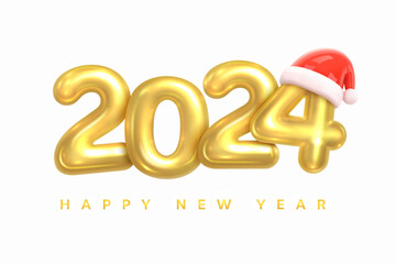 Happy New 2024 Year! Greeting Card. Gold number 2024 with red Santa Claus Hat isolated on white background. Christmas Decoration. Calendar 2024 Header. Holiday Poster. Realistic 3d Vector graphics