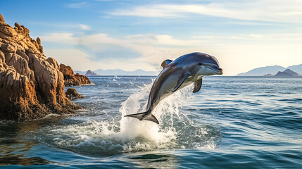 Obraz premium Dolphins jumping out of the water on a sunny day. 3d rendering. 
