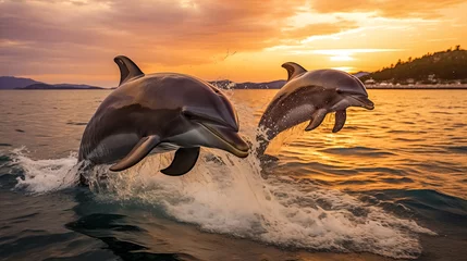 Foto op Plexiglas Dolphins jumping out of the water at sunset. Scientific name: Tursiops truncatus. Dolphins in the sea.  © korkut82