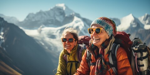 Two women, 50 years old, are traveling trekking in the mountains