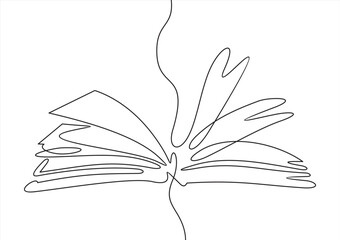 Single one line drawing of open text book for study. Back to school minimalist, education concept. Continuous simple line draw style design graphic vector illustration