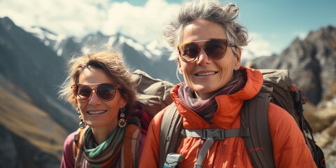 Two happy women travelers in the mountains, active lifestyle, sports and travel

