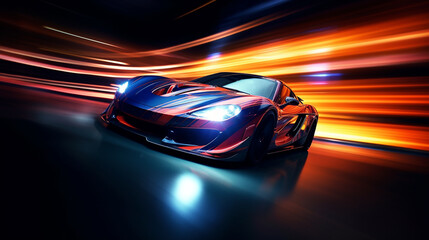 Modern futuristic  sports car in fast motion with blurred traffic lights at night - obrazy, fototapety, plakaty