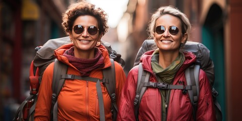 Two happy women travelers. Healthy lifestyle. Generative AI