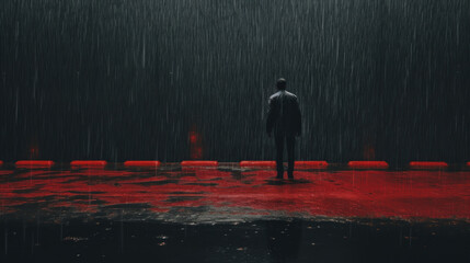 Rainy day, lonely man standing on road, sad man - obrazy, fototapety, plakaty