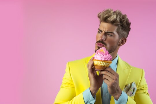 Fashionable young man in yellow jacket with cupcake on pink background