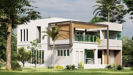 3D model villa with swimming pool and interior decoration with living room. 3 story house and outside garden, modern style, beach house, mansion.