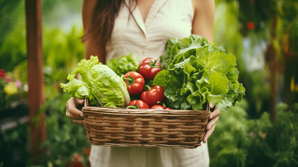 Fototapeta premium Young woman The farmer holding a basket of very fresh vegetables, planting with own hands, vegetarian, healthy salad, sparkling bokeh background.