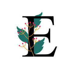 Floral alphabet, letter E with flowers and leaf. For invitations, greeting card, logo, poster and other design.