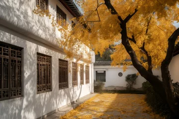 Poster White wall wind chinese autumn house. Imperial river scenic alley lantern. Generate Ai © nsit0108