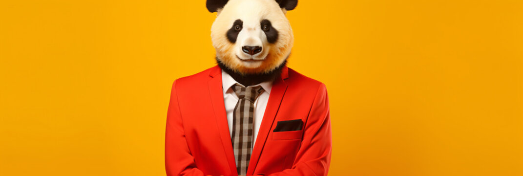 Photo of businessman panda guy with hands in pockets.