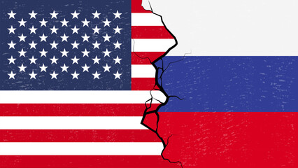 America –Russia  proxy conflict with flags and cracked texture