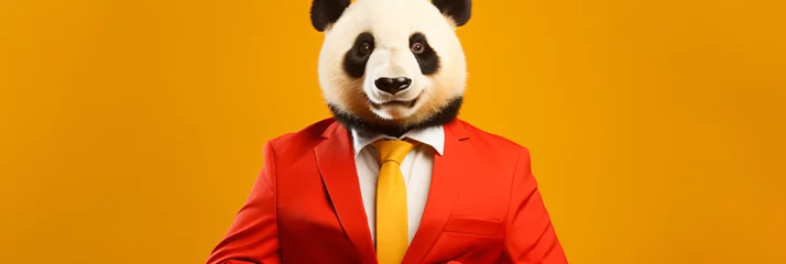 Fotobehang Photo of businessman panda guy with hands in pockets. © iqra