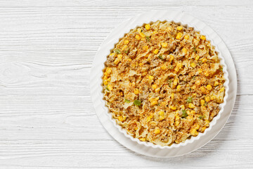 Creamy Corn Casserole with Sausage in baking dish