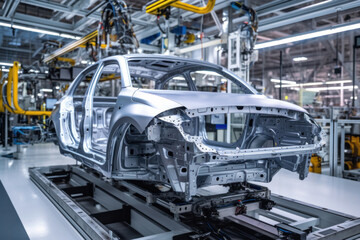 Car production line. Assembling a car on a conveyor belt. Close-up of a car body. Automotive industry Interior of a high-tech factory, modern production.