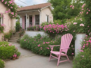 Pink chairs with flowers. Generative Ai