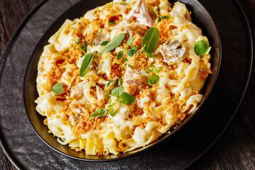 creamy chicken and mushroom tagliatelle in bowl