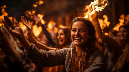 A vibrant bonfire celebration during Lohri with people dancing and celebrating the harvest