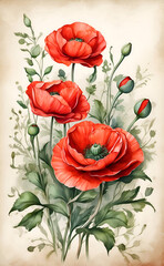 watercolor illustration of red poppies