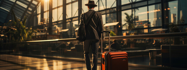 public transport , man with luggage in air terminal. bleisure, work life balance, travel concept. banner