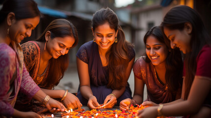 A group of women making intricate Rangoli designs in front of their homes on Lohri - obrazy, fototapety, plakaty
