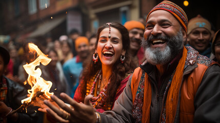 A Lohri procession with people singing and dancing in the streets - obrazy, fototapety, plakaty