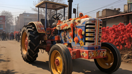 A richly decorated tractor, a symbol of Punjab's agricultural heritage, during Lohri - obrazy, fototapety, plakaty