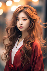 Young Asian model with long hair wearing a light red kimono. Vertical orientation of the image.