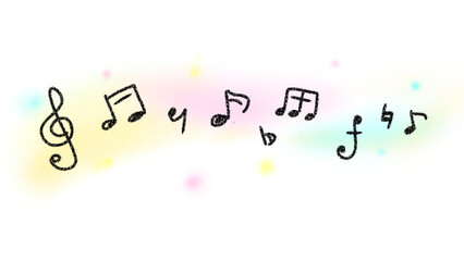 カラフル五線譜、かわいい音符のイラスト。