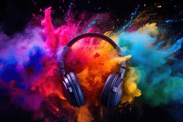 Stylish headphones and bright colored powder. Creative music, festival and holiday concept.