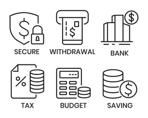 Financial And Banking icon Set For Apps And Website, UI UX Icons, Budget Icon, Tax, Income, Payment, Investment Data, Profit, Coins, Growth, Financial Fraud, Debt And Credit Card Vector Illustration