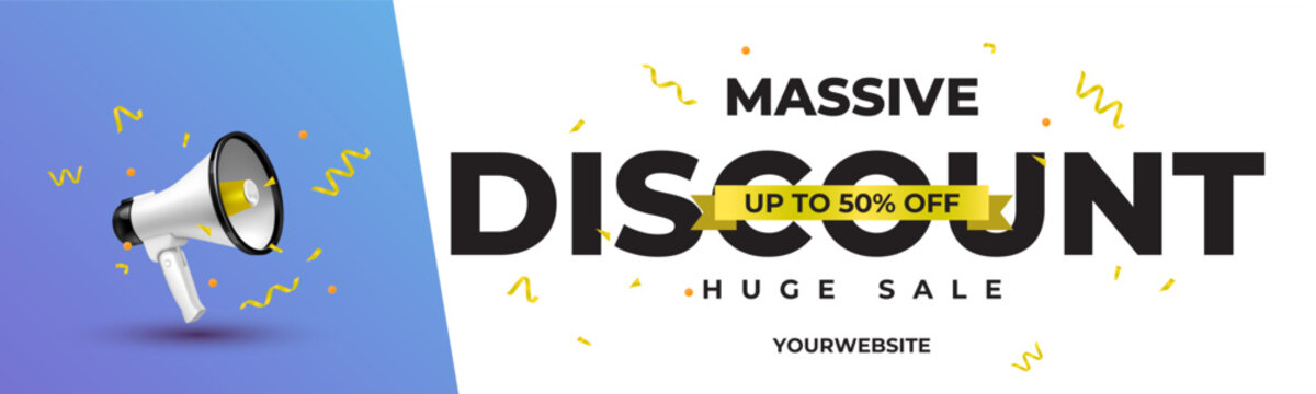 Massive discount announcement banner with price reduction. Special offer with 50 percent off advertisement. Realistic megaphone loudspeaker. Promotion poster template with limited time vector
