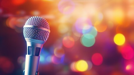 Microphone close-up. Karaoke, night club, bar. Music concert. Song, music concept, wide background
