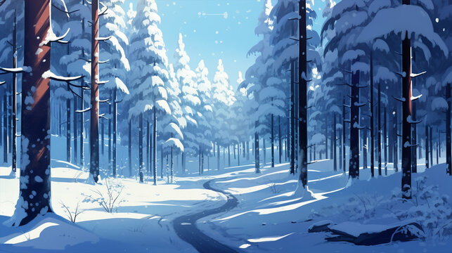 A digital painting of a snowy forest