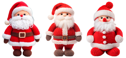 Set/collection of knitted Santa Clauses. Santa Claus made of wool. Isolated on a transparent background.