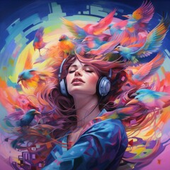 Beautiful woman in headphones plays pleasant modern music on the guitar, close-up