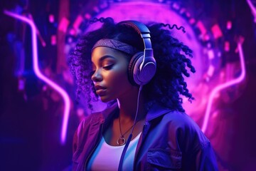 Young afro american teenage girl enjoying cool music on purple background in lights