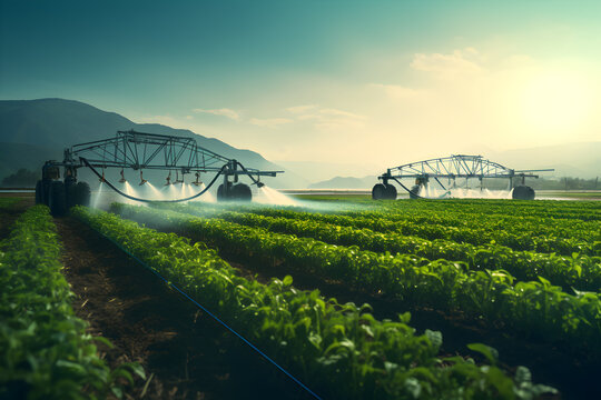 Two farm sprinklers nourish a lush field . Ideal for stock photos showcasing agriculture, irrigation, sustainability, and the environmental impact of water usage in farming