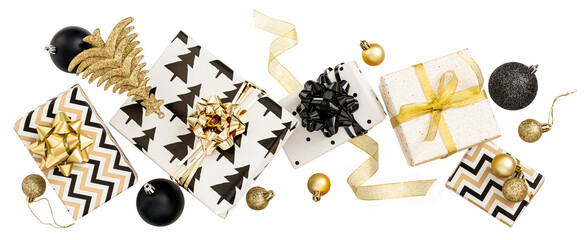 Creative composition of festive present boxes. Free levitation. Black and gold colors. Long banner