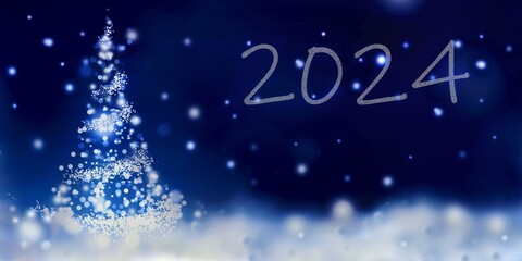 2024 writting on abstract night next to a christmas tree n blue background in panoramic size- greetings card
